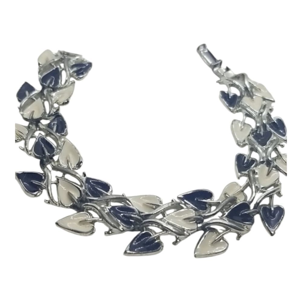 Coro Bracelet Leaf Black White Leaves Enamel Link Vintage Bracelet